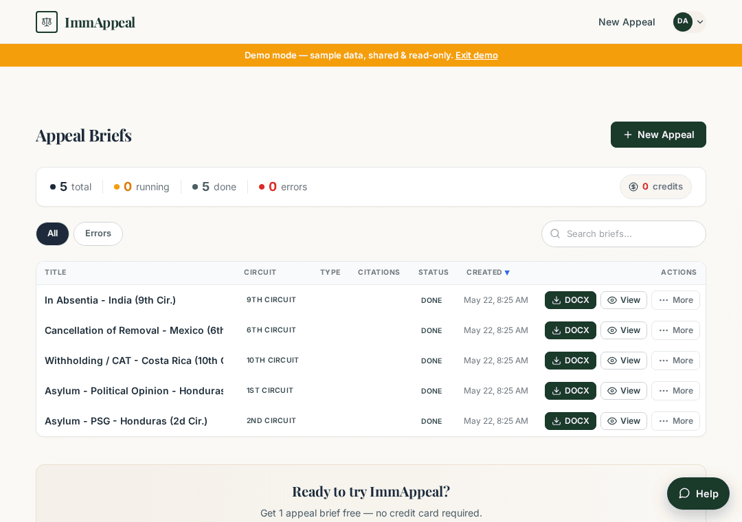 ImmAppeal demo dashboard — sample immigration appeal briefs